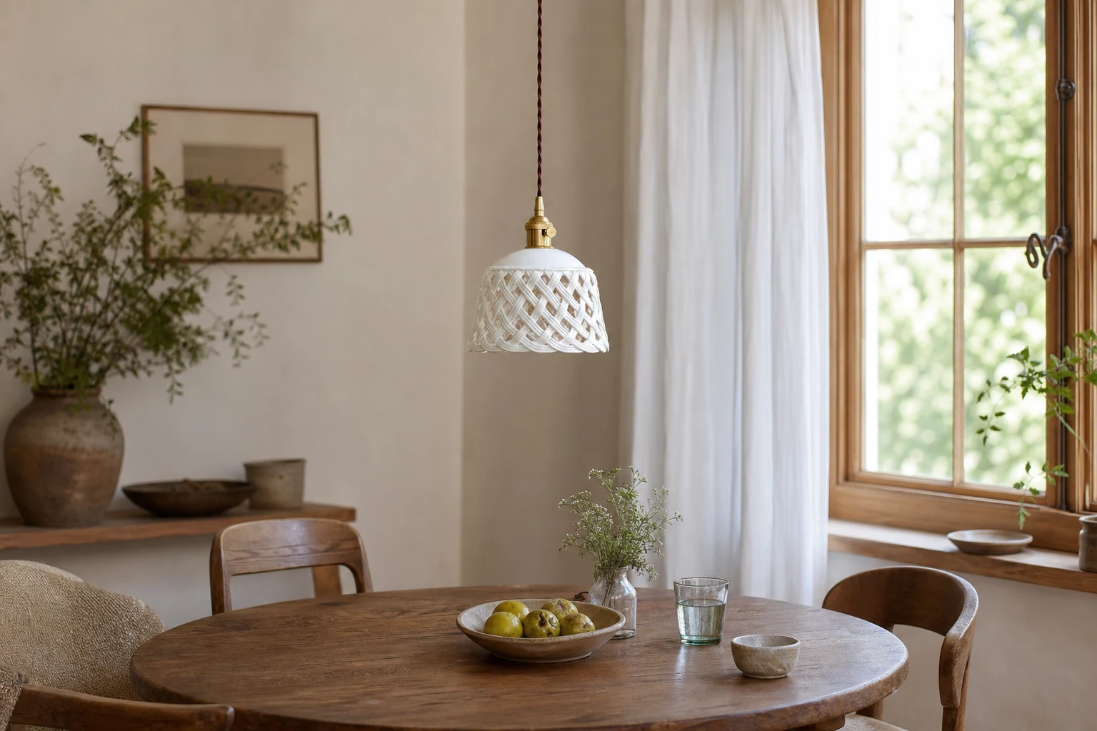 Lampada a sospensione in ceramica traforata in una scena d'interni stilizzata.