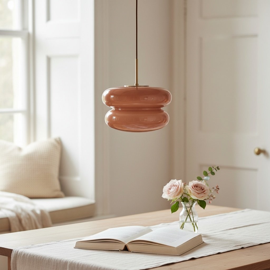 Dusky pink Orra pendant in a soft lifestyle room