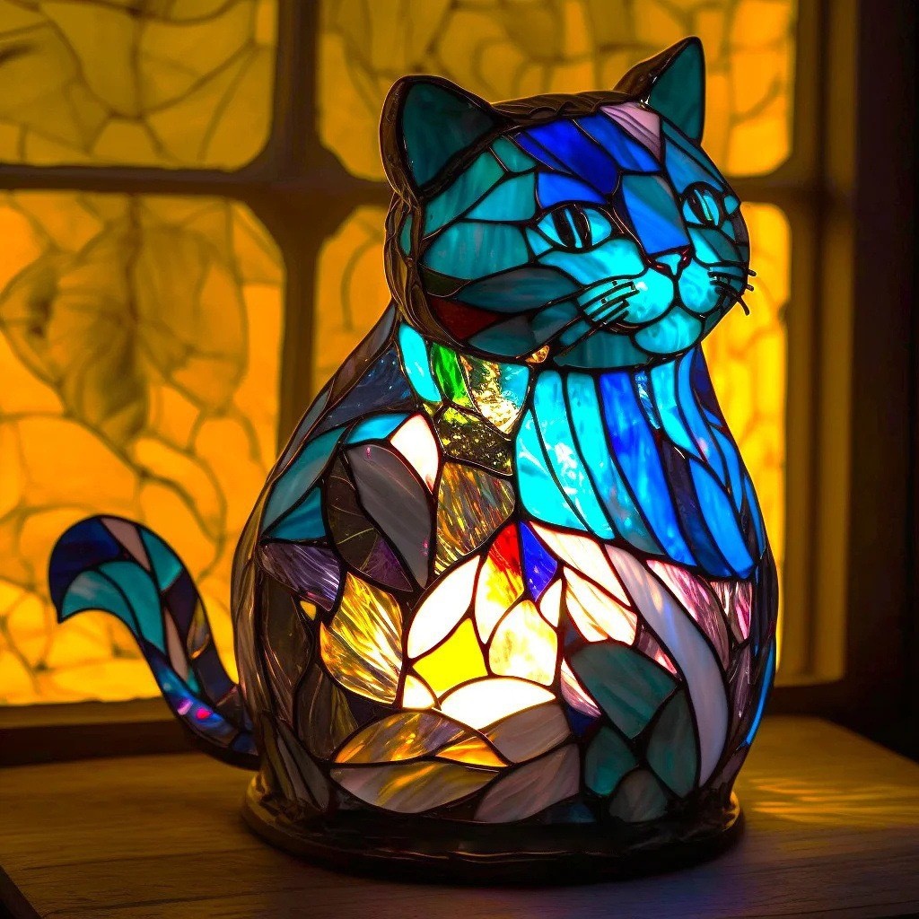Lampe de table en résine en forme de chat, illuminée sur une table