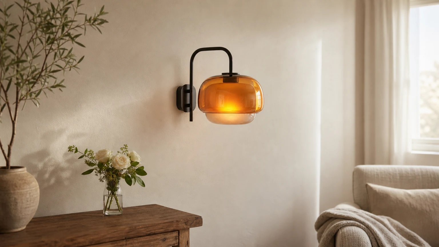 Clinco colored glass wall lamp glowing in a warm interior setting