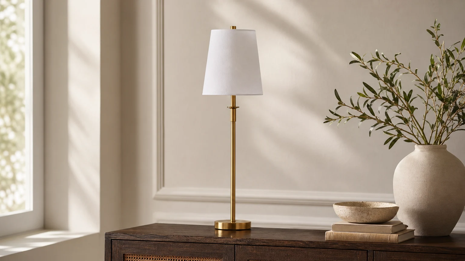 Rowan iron table lamp styled in a warm interior scene