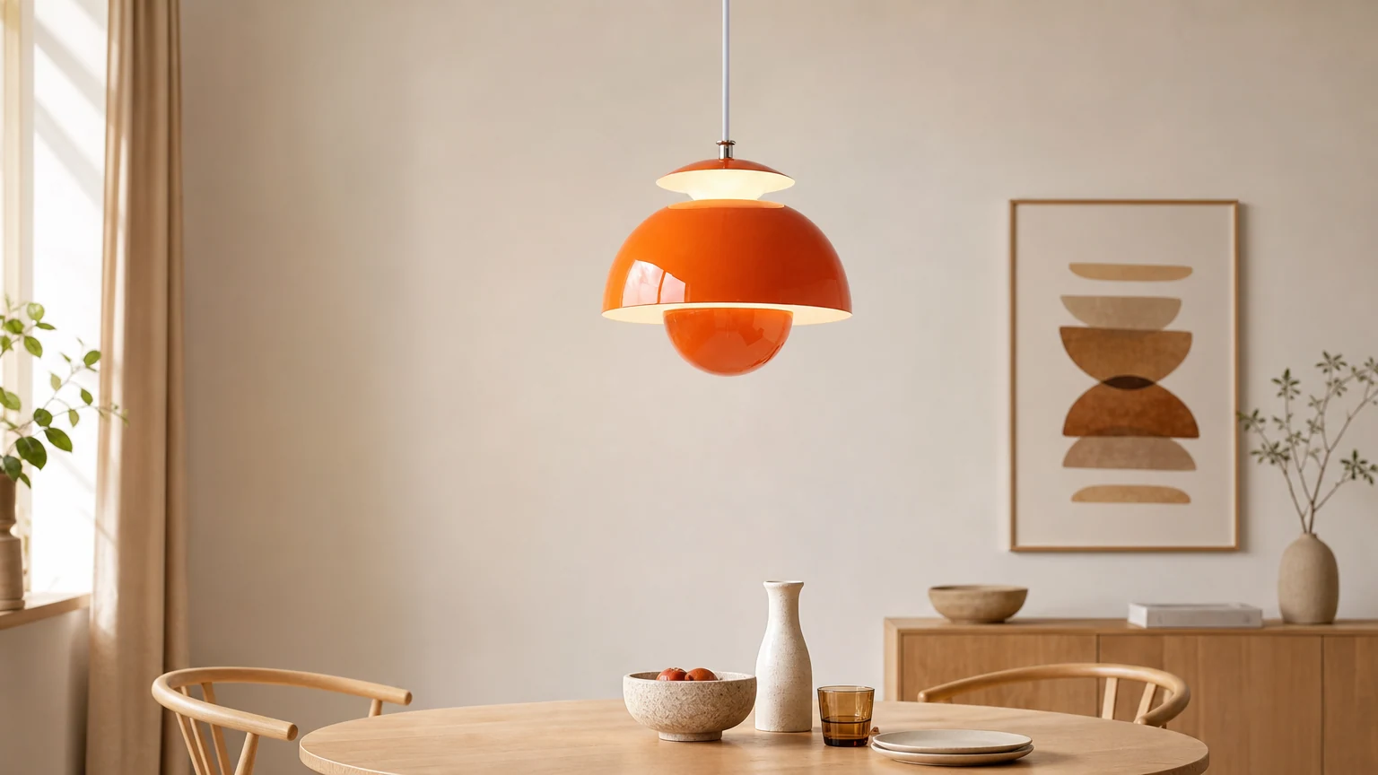 Modern metallpendellampa Flower Bud S88 i en horisontell inredningshjältescen