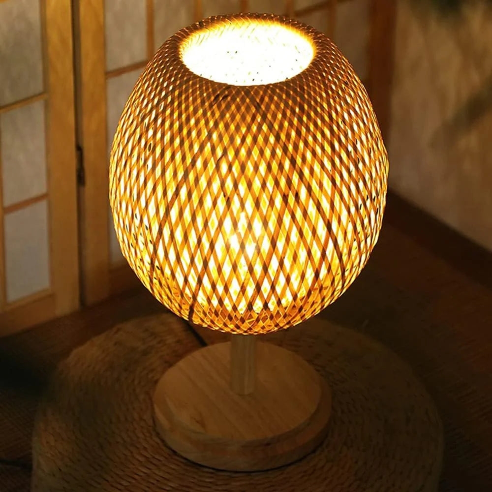 Angled scene view of glowing woven bamboo shade