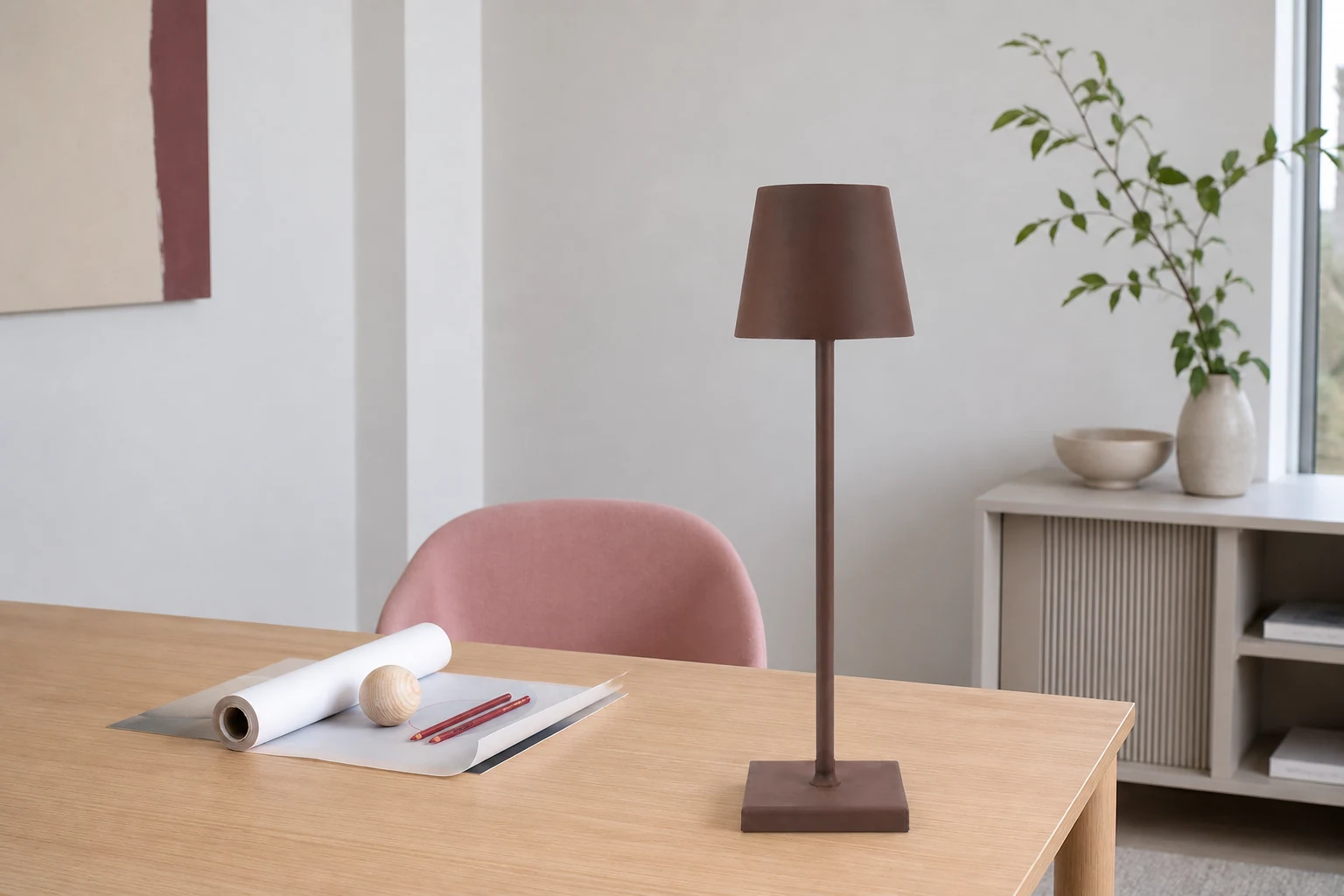 Lámpara de mesa recargable S11 en un entorno de mesa de estilo de vida.