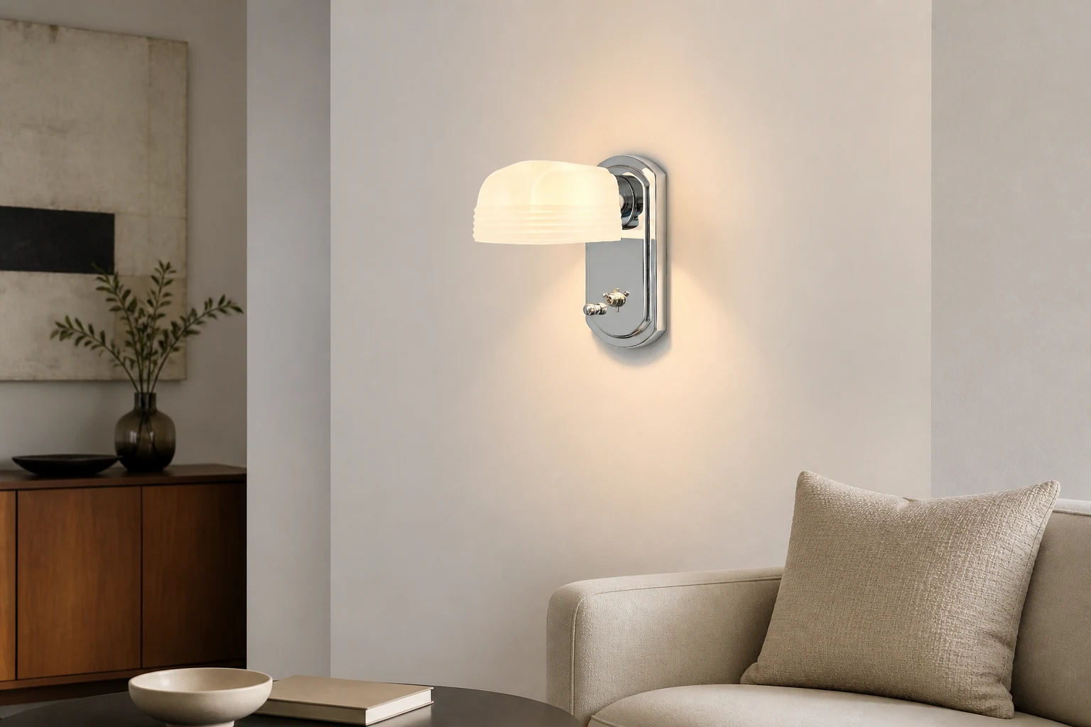 Lámpara de pared de cristal blanco en una escena de estilo de vida interior.