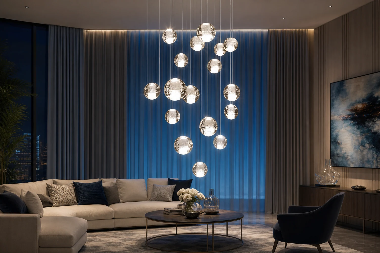 Suspension lumineuse en forme de boule de cristal installée dans un intérieur lumineux