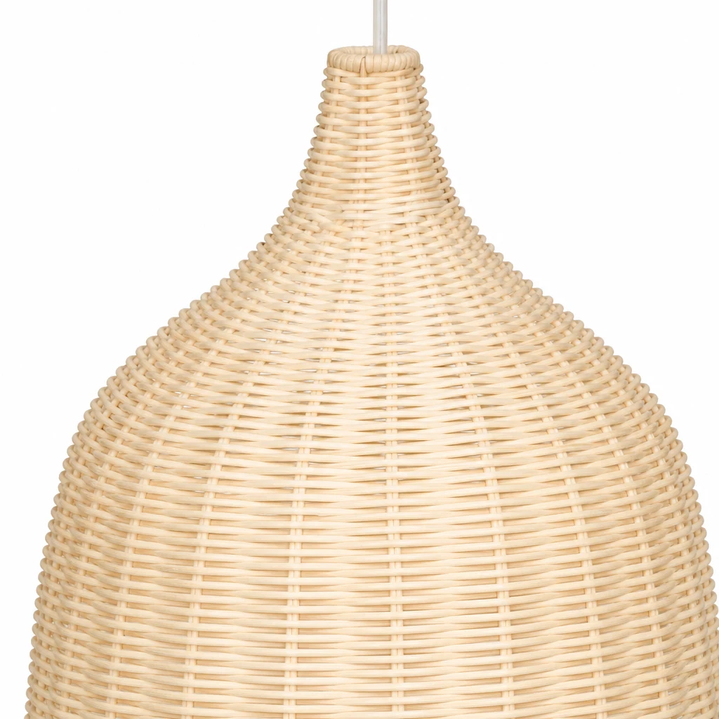 Close-up detail of the woven rattan pendant shade