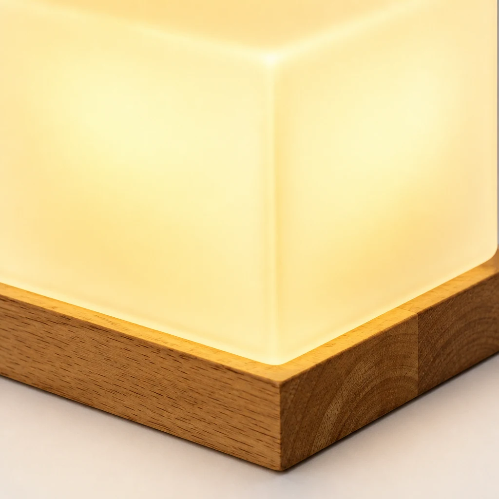 Close-up detail of the COZY LED Table Light wood and glass construction